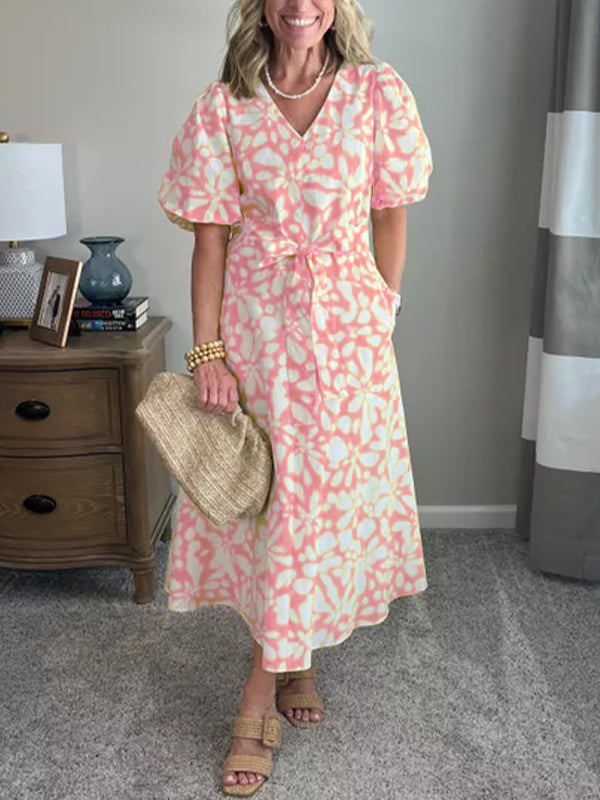 NOUVEAU🔥Robe mi-longue en popeline à manches bouffantes pour femme