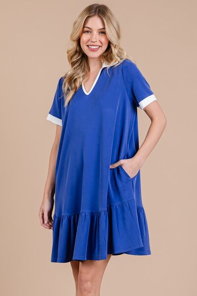 Ces Femme Kleid mit Johnny-Kragen, Rüschensaum und kurzen Ärmeln