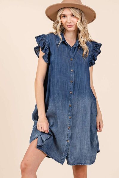 Robe Courte Boutonnée en Chambray Délavé à Volants Mittoshop