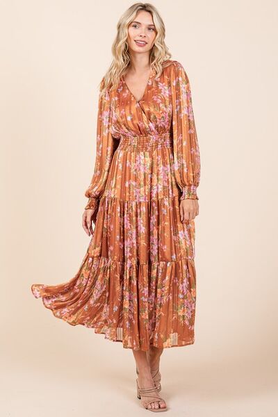 Robe midi smockée Mittoshop à rayures lurex en satin imprimé floral