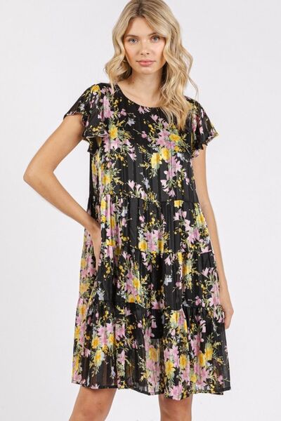 Robe étagée à col rond et manches courtes évasées, imprimé floral Mittoshop