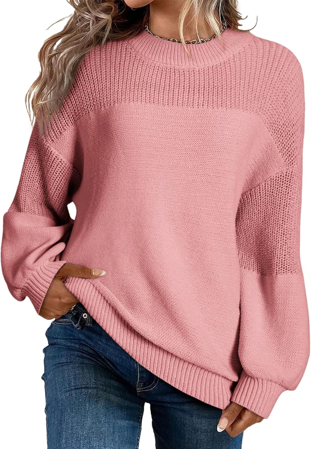 Damen Lässiger Langarm-Pullover mit Rundhalsausschnitt und festen Farben