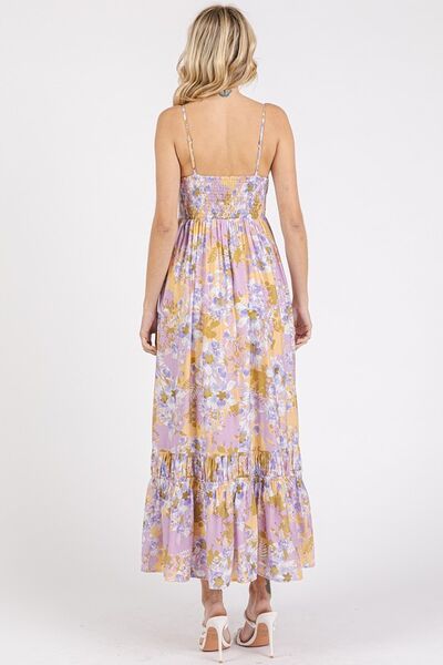 Robe longue à fines bretelles et ourlet volanté, avec dos smocké floral Mittoshop