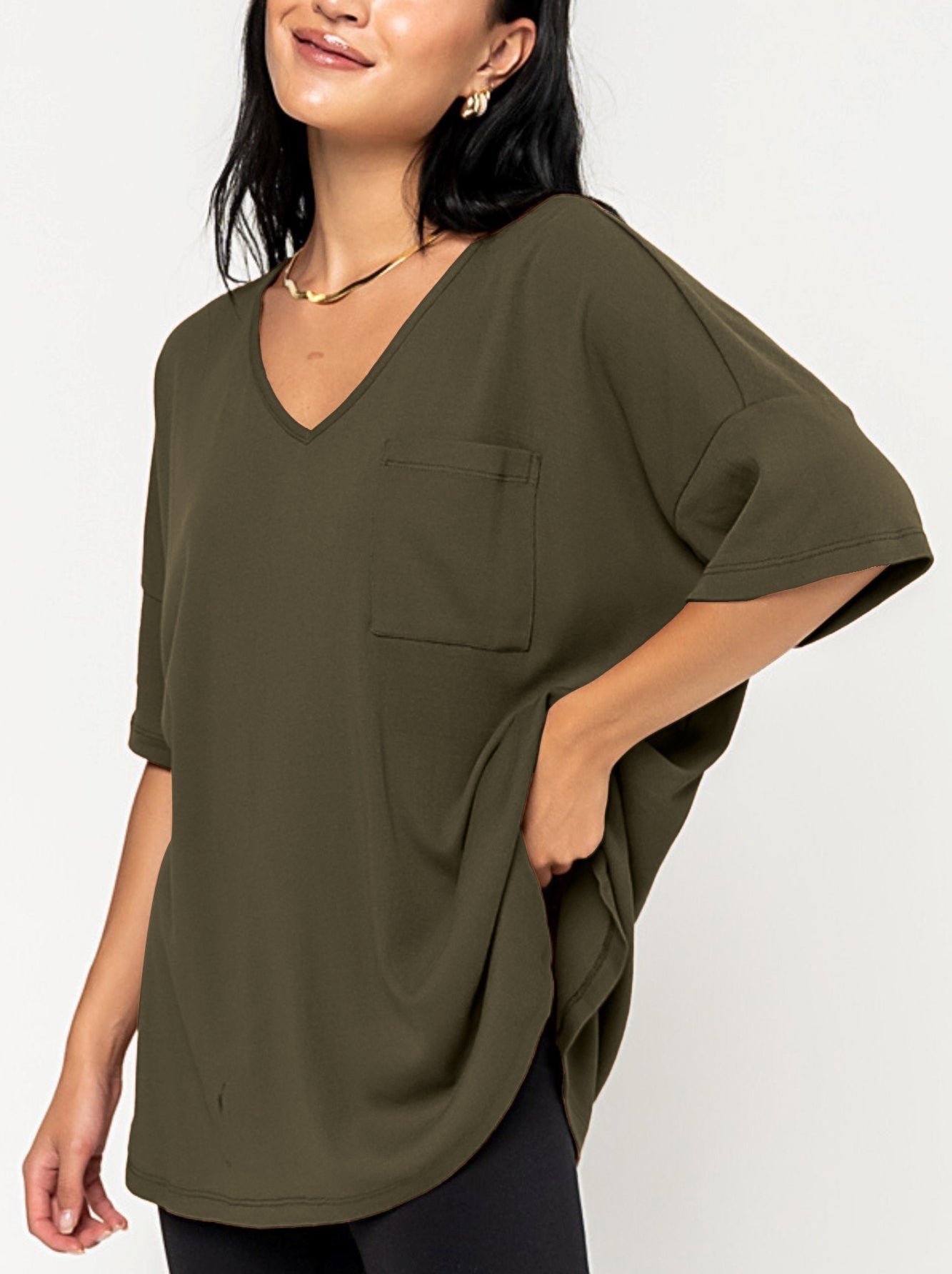 T-shirt col V ample à poche pour femme (3 achetés, livraison gratuite)