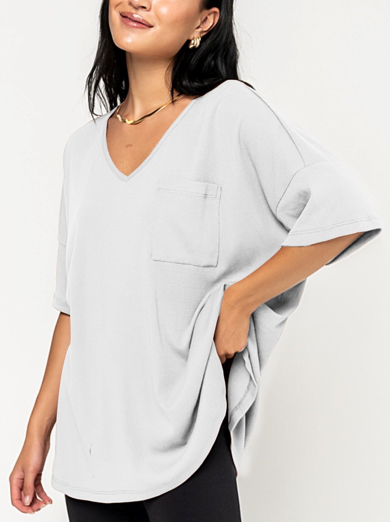 T-shirt col V ample à poche pour femme (3 achetés, livraison gratuite)
