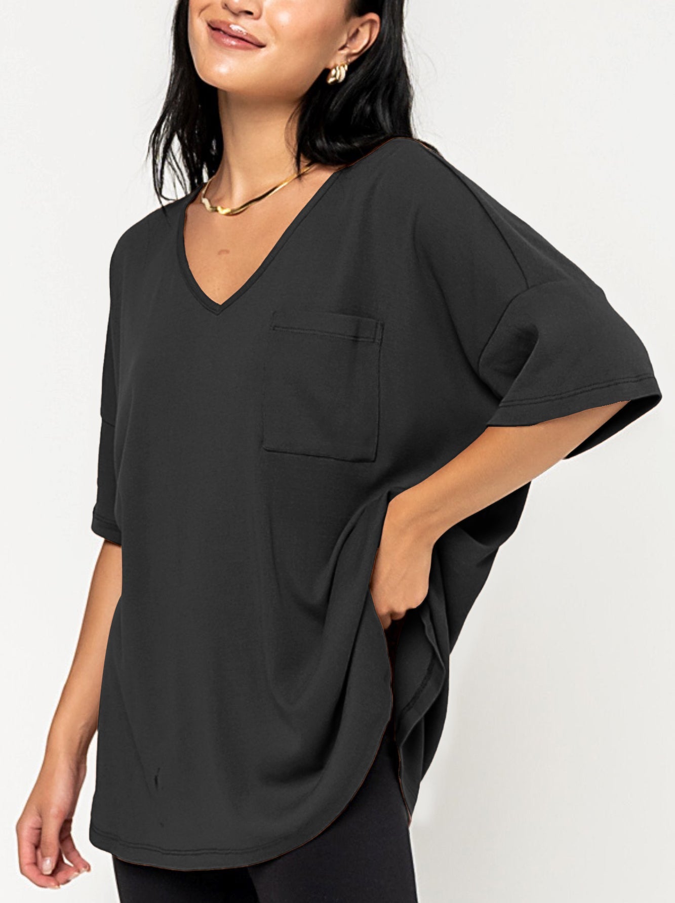 T-shirt col V ample à poche pour femme (3 achetés, livraison gratuite)