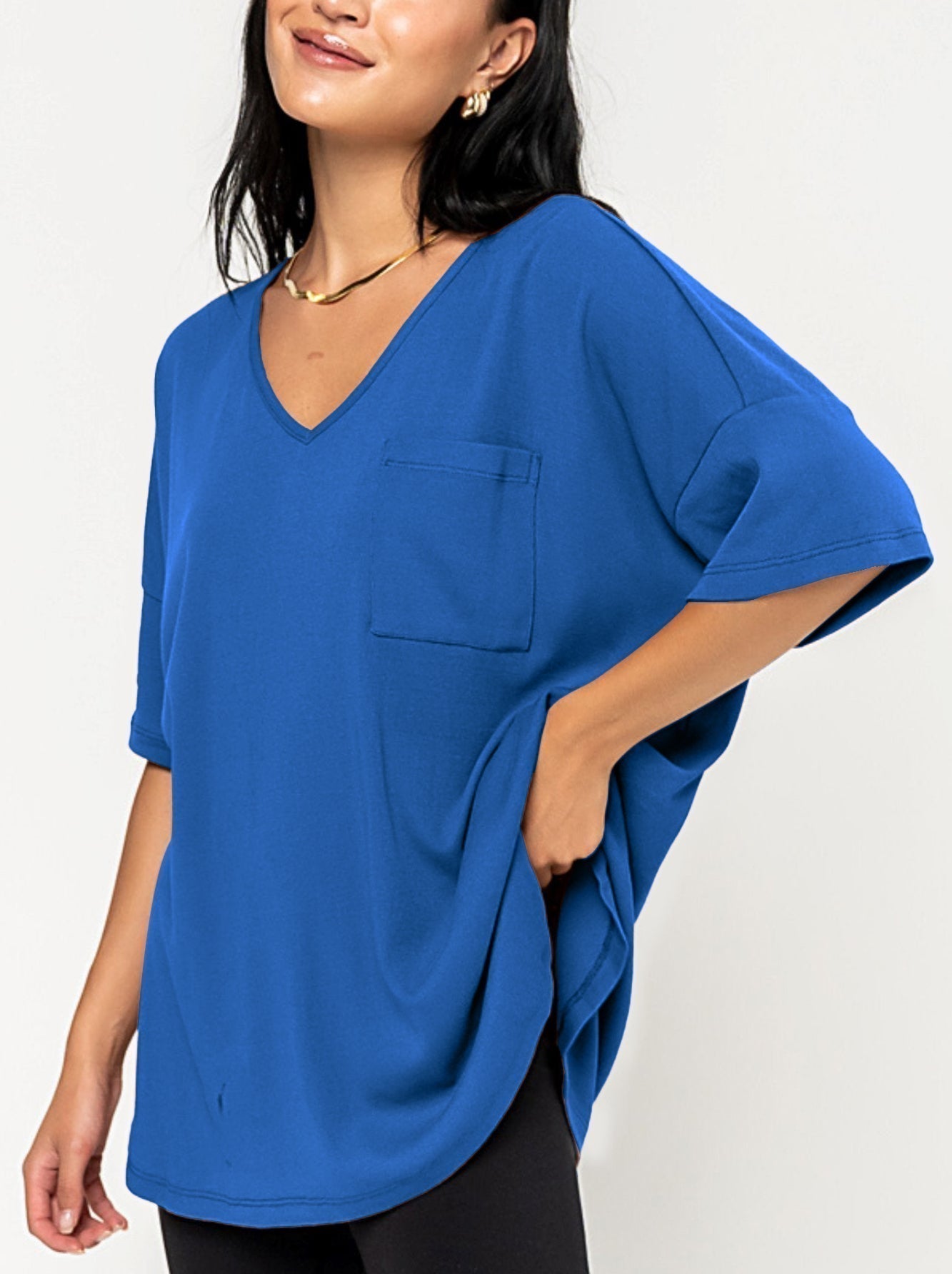 T-shirt col V ample à poche pour femme (3 achetés, livraison gratuite)