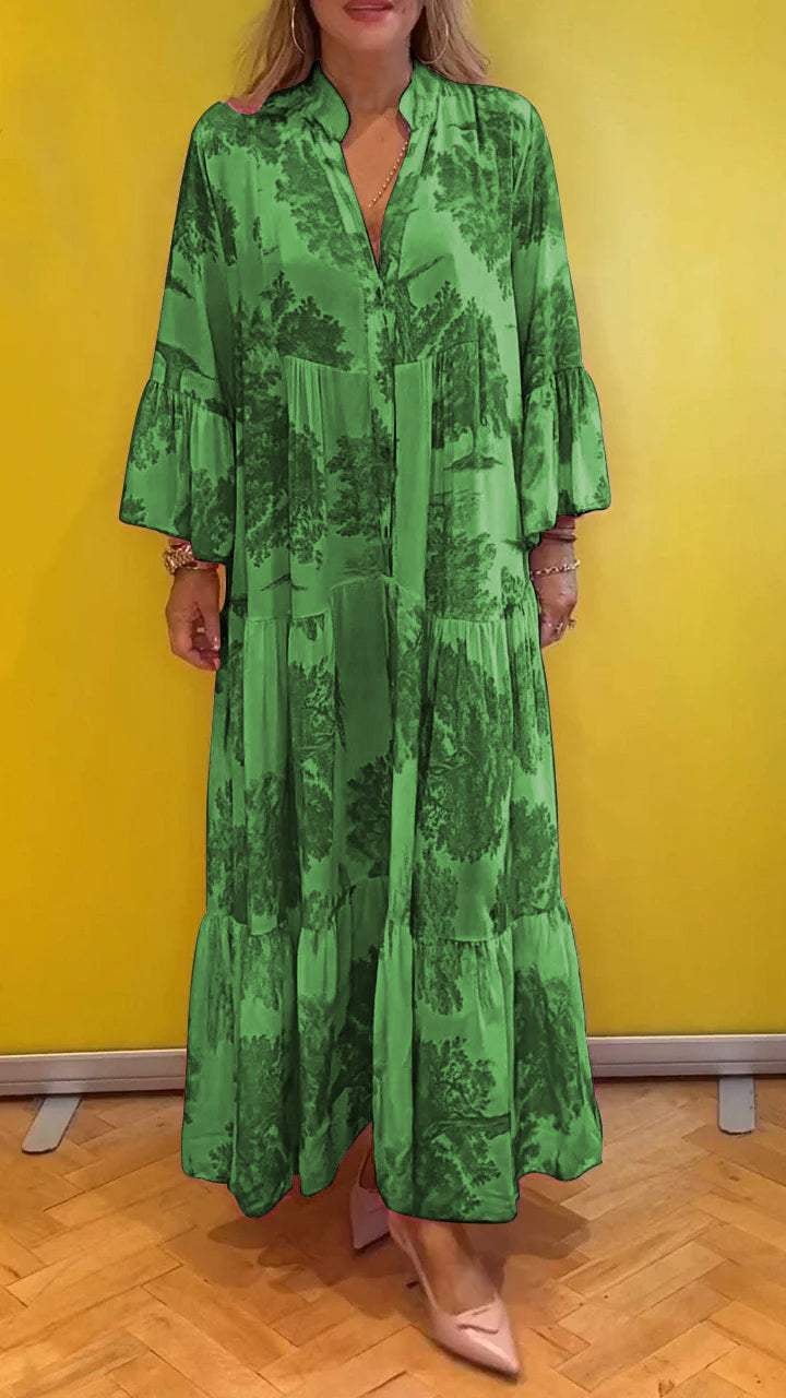 Damen-Sommerkleid mit V-Ausschnitt und Waldmuster Maxikleid