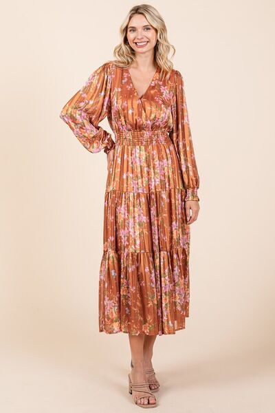 Robe midi smockée Mittoshop à rayures lurex en satin imprimé floral