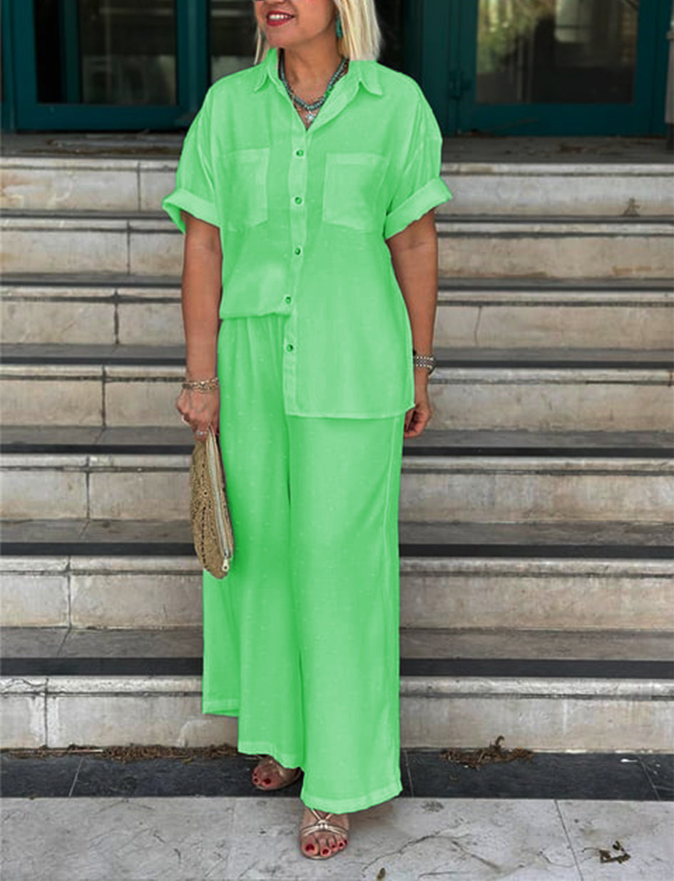 NOUVEAU🔥Ensemble chemise et pantalon large motif gaufré crème pour femme