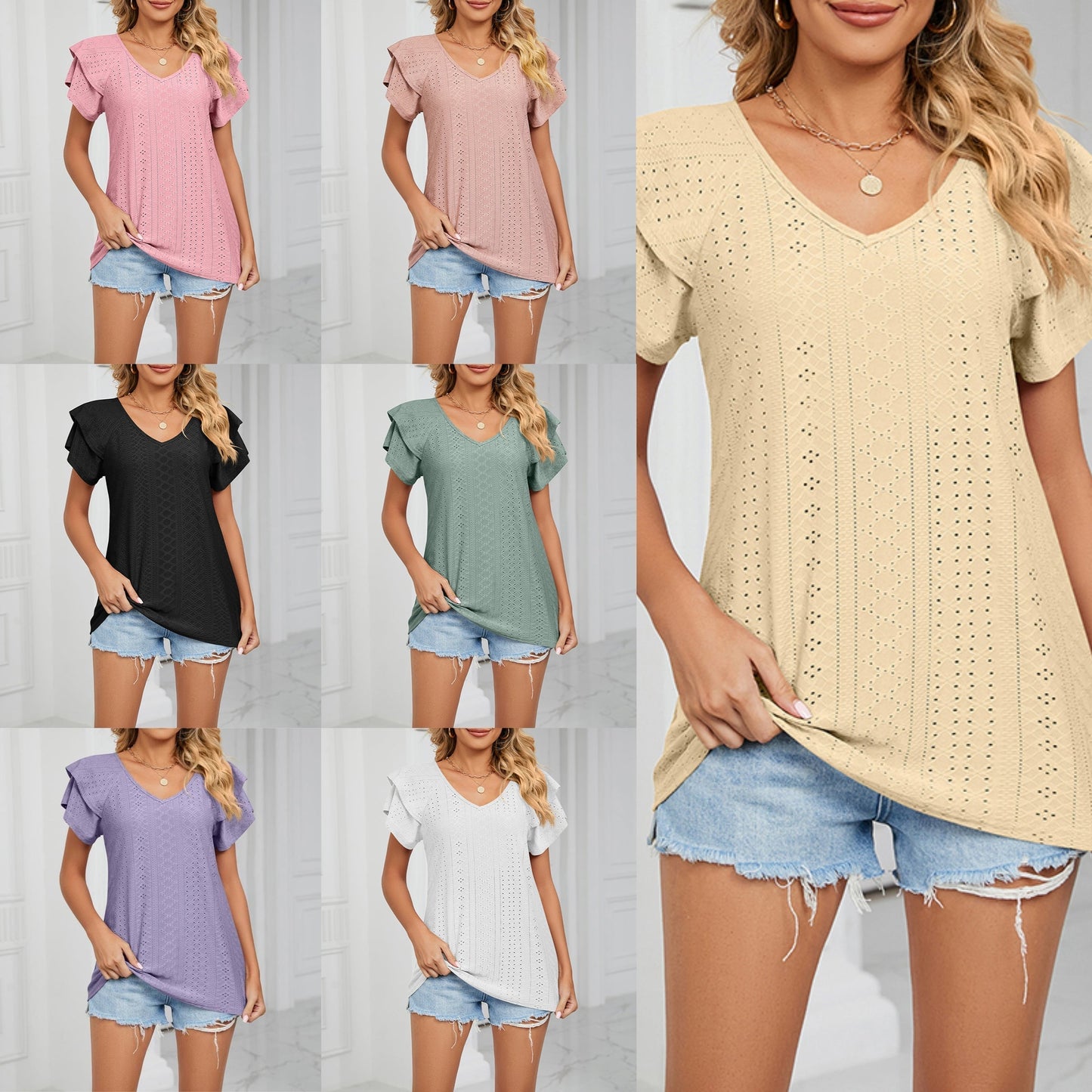T-shirt ample à col en V et manches doubles de couleur unie (Achetez 3, livraison gratuite)