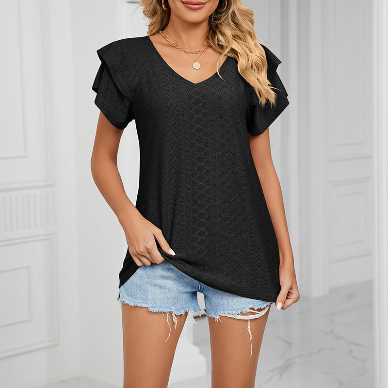 T-shirt ample à col en V et manches doubles de couleur unie (Achetez 3, livraison gratuite)
