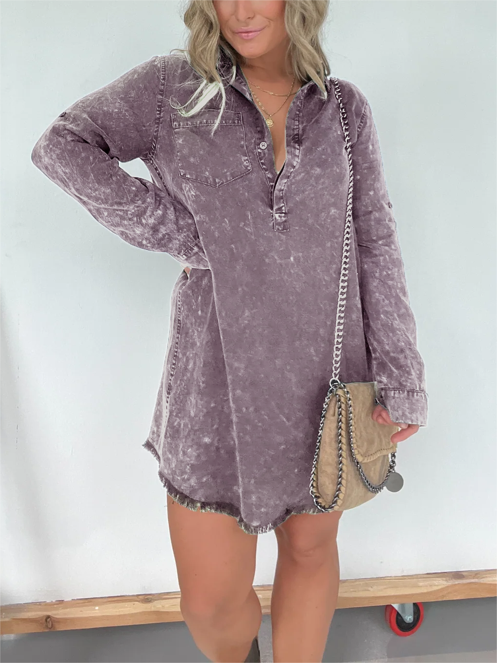 Robe chemise en jean délavé à manches longues (achetez-en 2, la livraison est offerte)
