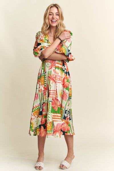 Robe midi ADORA à encolure en V et manches bouffantes à motif floral