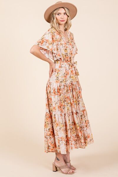 Robe étagée à manches volantées et taille nouée à imprimé floral Mittoshop