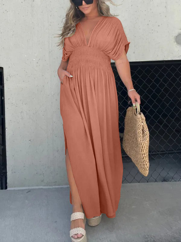 Neues, leichtes Maxikleid mit Schlitz und V-Ausschnitt (2 kaufen, kostenloser Versand)