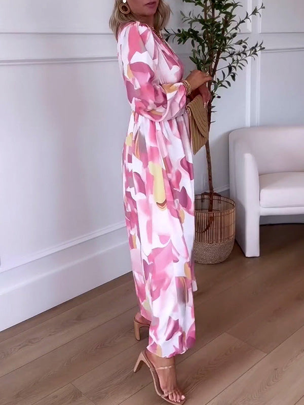 NEU🔥 Langärmeliges bedrucktes Kleid mit elastischer Taille