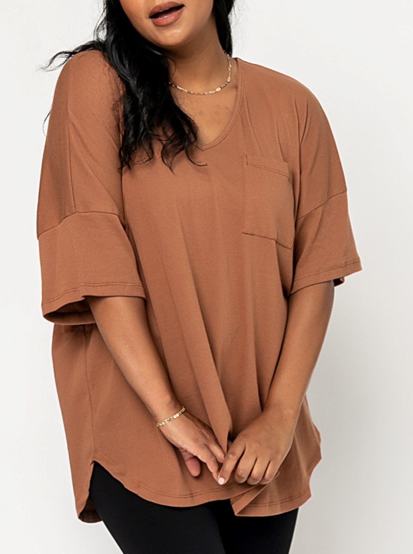 T-shirt col V ample à poche pour femme (3 achetés, livraison gratuite)