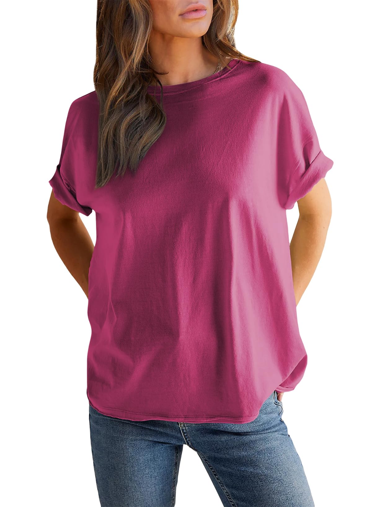 Einfarbiges Damen-Rundhals-Kurzarm-T-Shirt (2 kaufen, kostenloser Versand)