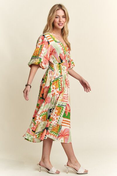 Robe midi ADORA à encolure en V et manches bouffantes à motif floral