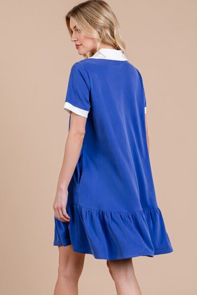 Ces Femme Kleid mit Johnny-Kragen, Rüschensaum und kurzen Ärmeln