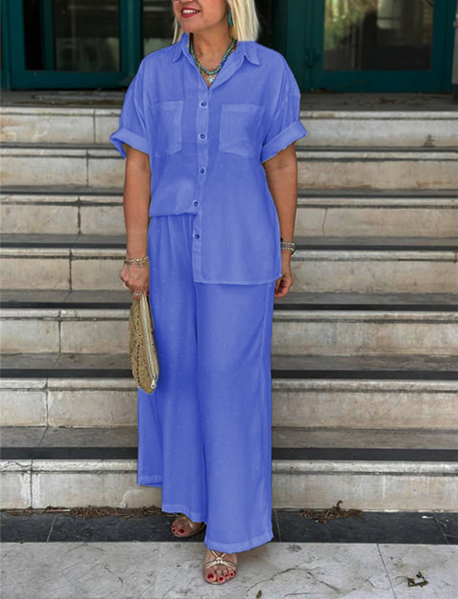 NOUVEAU🔥Ensemble chemise et pantalon large motif gaufré crème pour femme