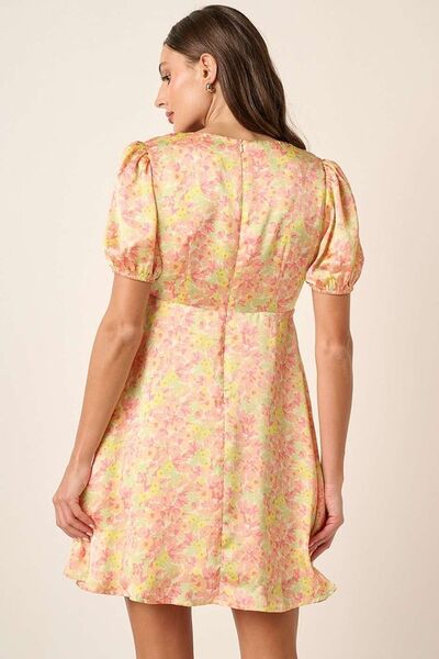 Mittoshop Bedrucktes V-Ausschnitt Puffärmel Minikleid