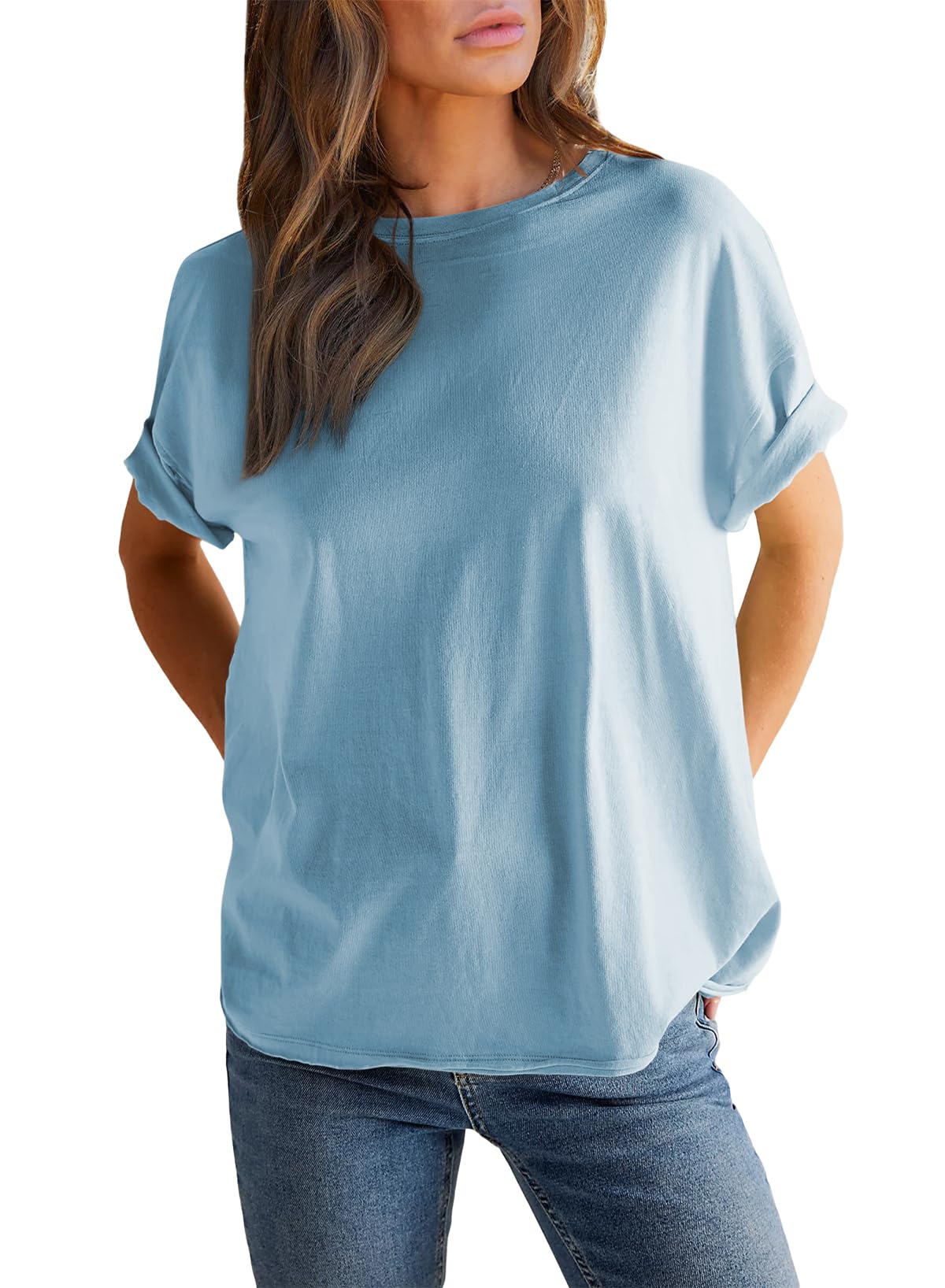 Einfarbiges Damen-Rundhals-Kurzarm-T-Shirt (2 kaufen, kostenloser Versand)