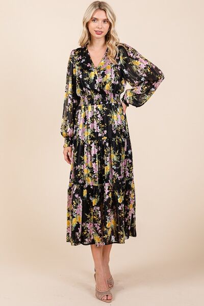 Mittoshop Blumenprint Satin Lurex Streifen Smocked Midikleid