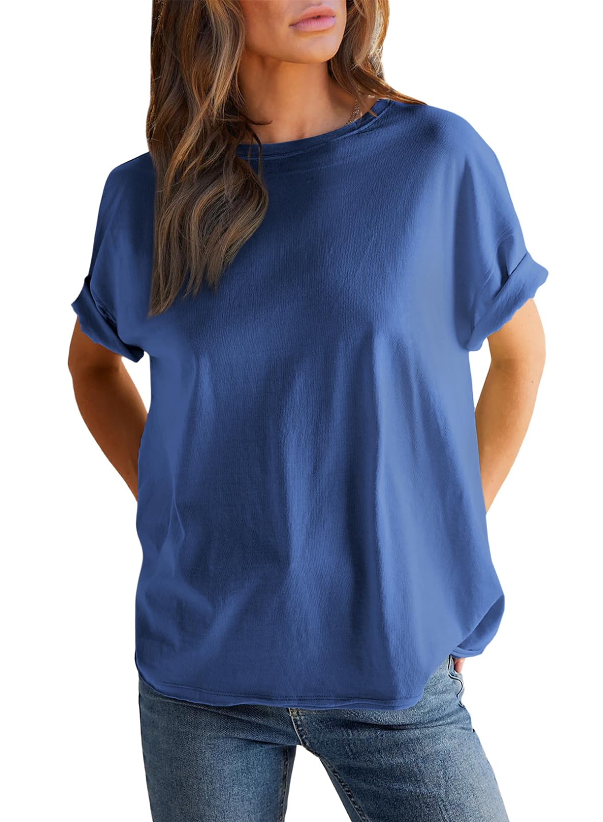 Einfarbiges Damen-Rundhals-Kurzarm-T-Shirt (2 kaufen, kostenloser Versand)