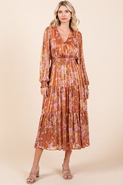 Robe midi smockée Mittoshop à rayures lurex en satin imprimé floral