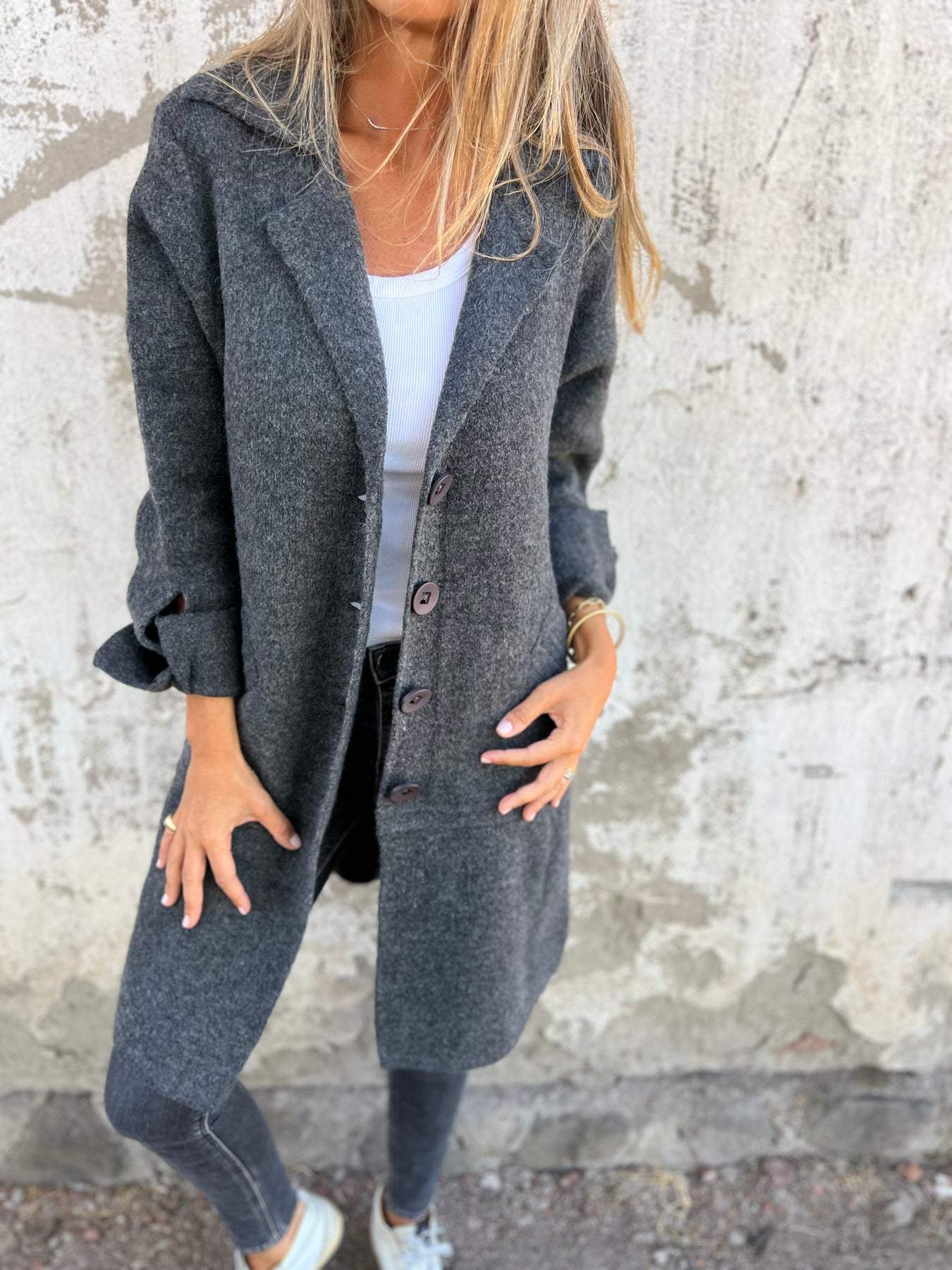 VENTE DE LIQUIDATION 🔥 Manteau long décontracté en laine à revers et simple boutonnage - 48 % DE RÉDUCTION