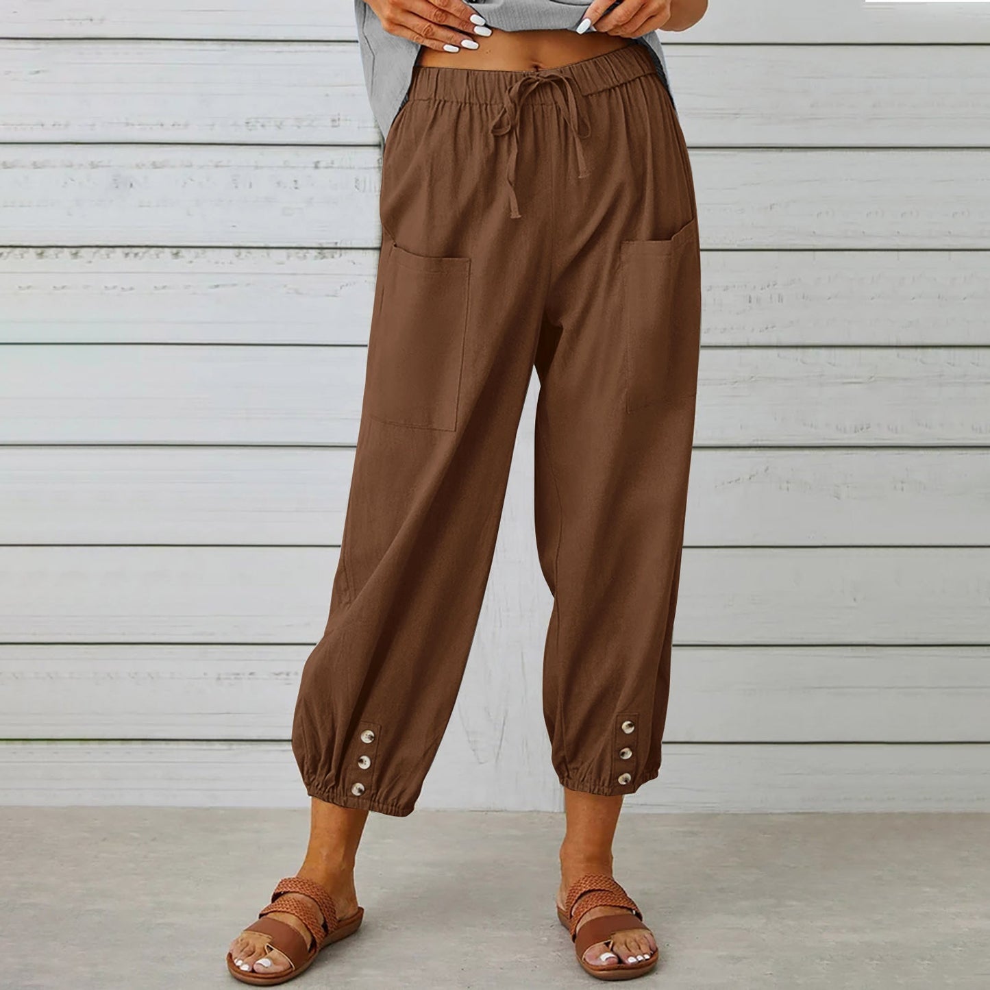 Damenhosen High-Waist-Hose mit Knopfleiste aus Baumwolle und Hanf Dreiviertelhose weites Bein