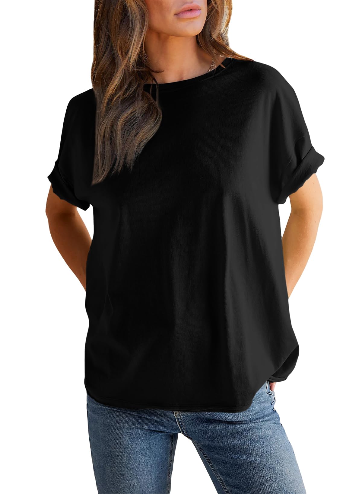 Einfarbiges Damen-Rundhals-Kurzarm-T-Shirt (2 kaufen, kostenloser Versand)