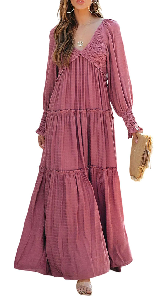 Damen Langarm V-Ausschnitt Boho Maxikleider im Flowy-Stil (2 kaufen, kostenloser Versand)