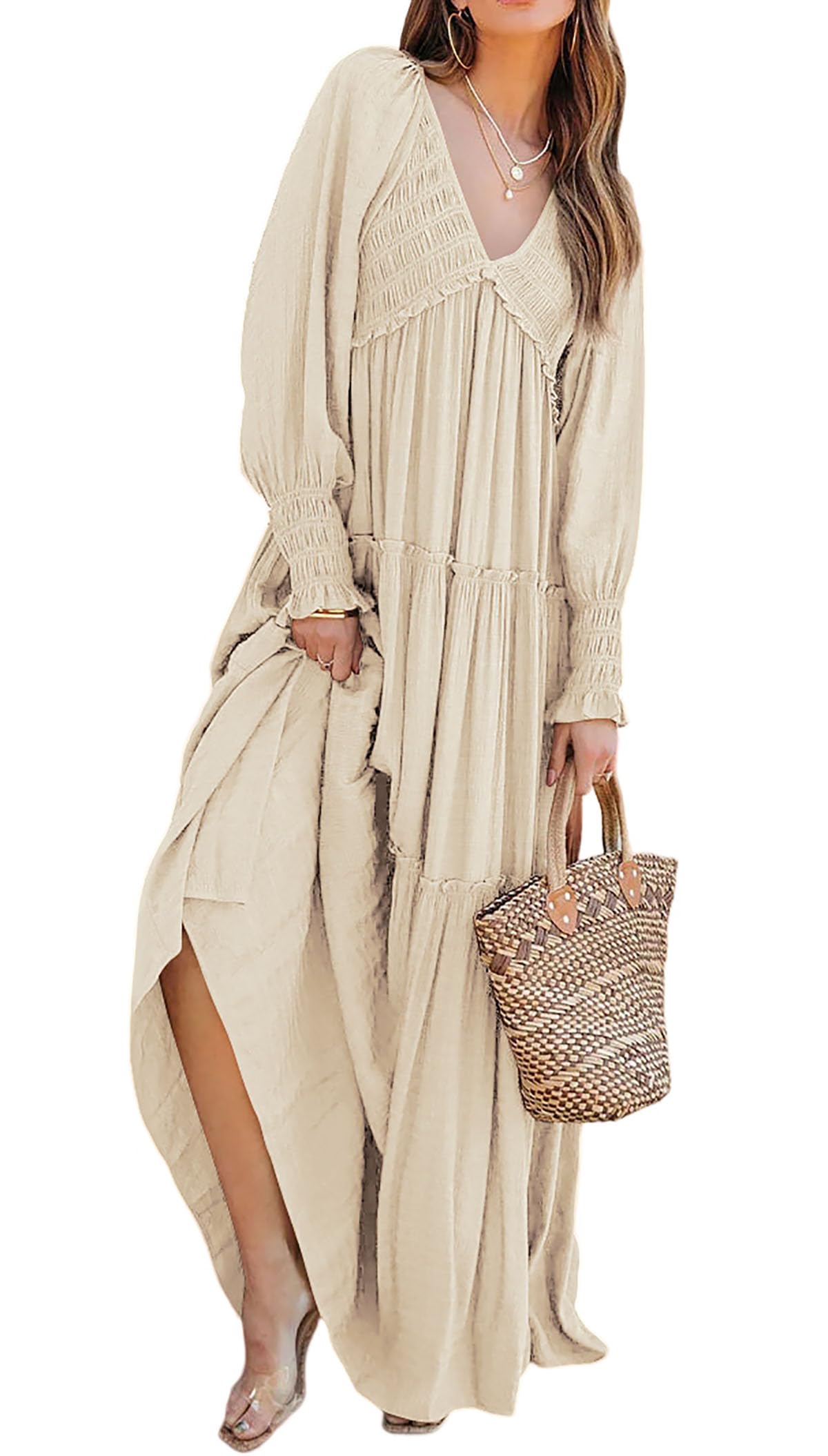 Damen Langarm V-Ausschnitt Boho Maxikleider im Flowy-Stil (2 kaufen, kostenloser Versand)