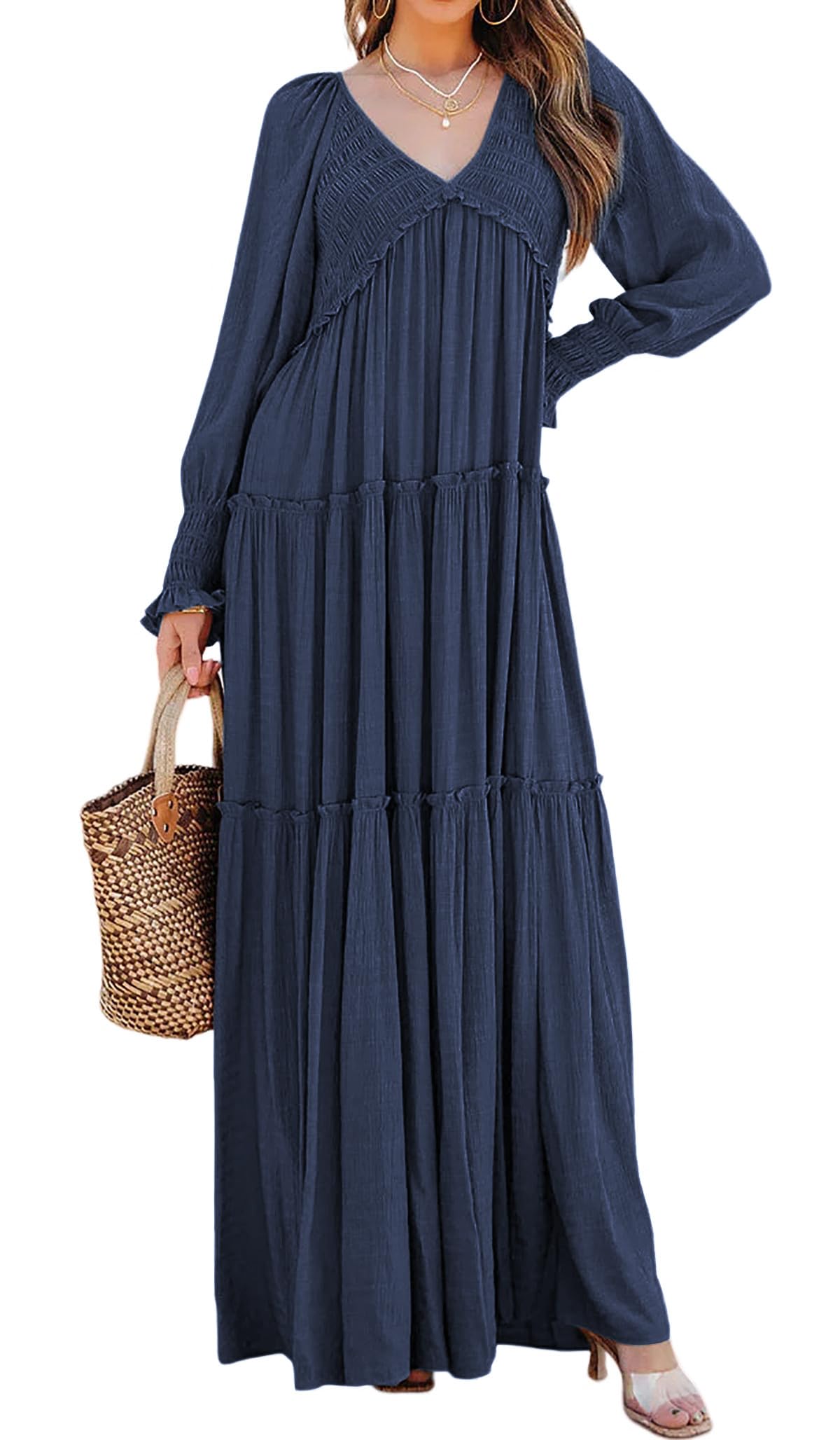 Damen Langarm V-Ausschnitt Boho Maxikleider im Flowy-Stil (2 kaufen, kostenloser Versand)
