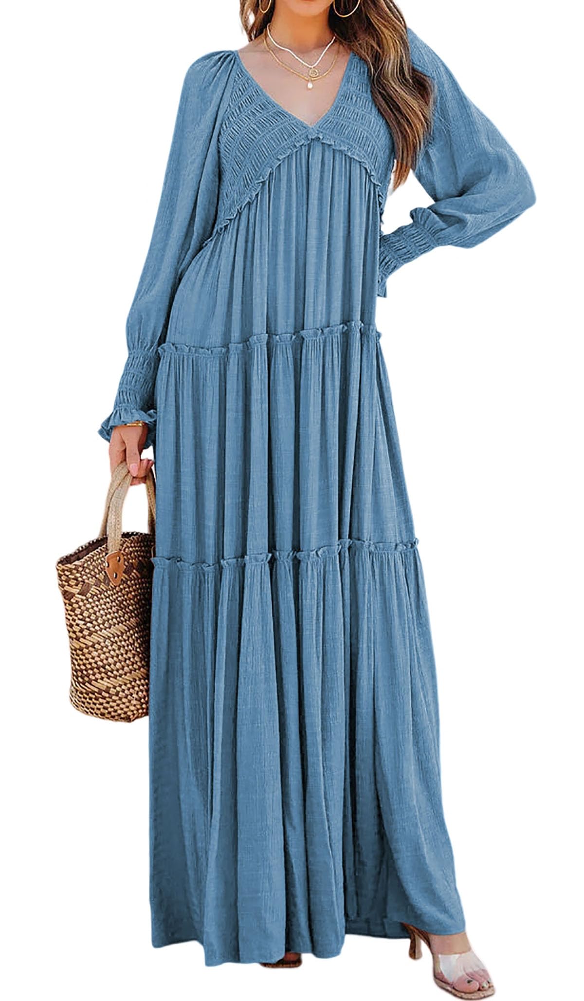 Damen Langarm V-Ausschnitt Boho Maxikleider im Flowy-Stil (2 kaufen, kostenloser Versand)