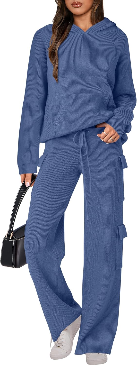 🎄 Destockage de Noël 🔥 Ensembles deux pièces femme : pull tricoté à capuche et pantalon droit décontracté