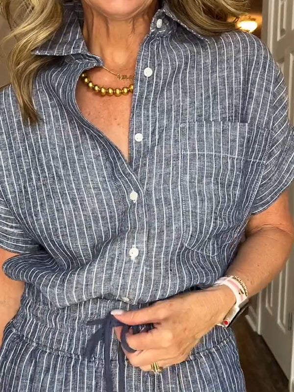 ⏰ DERNIER JOUR -50% 💥Ensemble chemise rayée classique en coton et lin avec poches