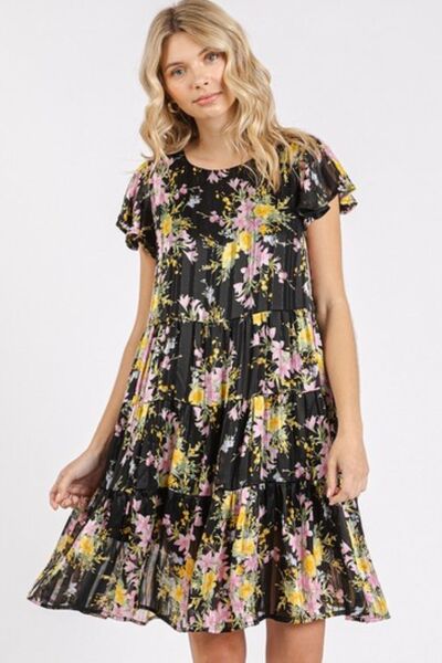 Robe étagée à col rond et manches courtes évasées, imprimé floral Mittoshop