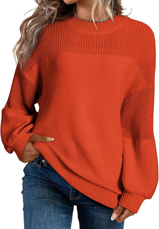 Damen Lässiger Langarm-Pullover mit Rundhalsausschnitt und festen Farben