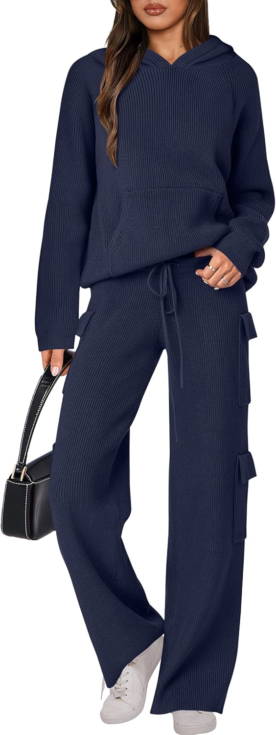 🎄 Destockage de Noël 🔥 Ensembles deux pièces femme : pull tricoté à capuche et pantalon droit décontracté