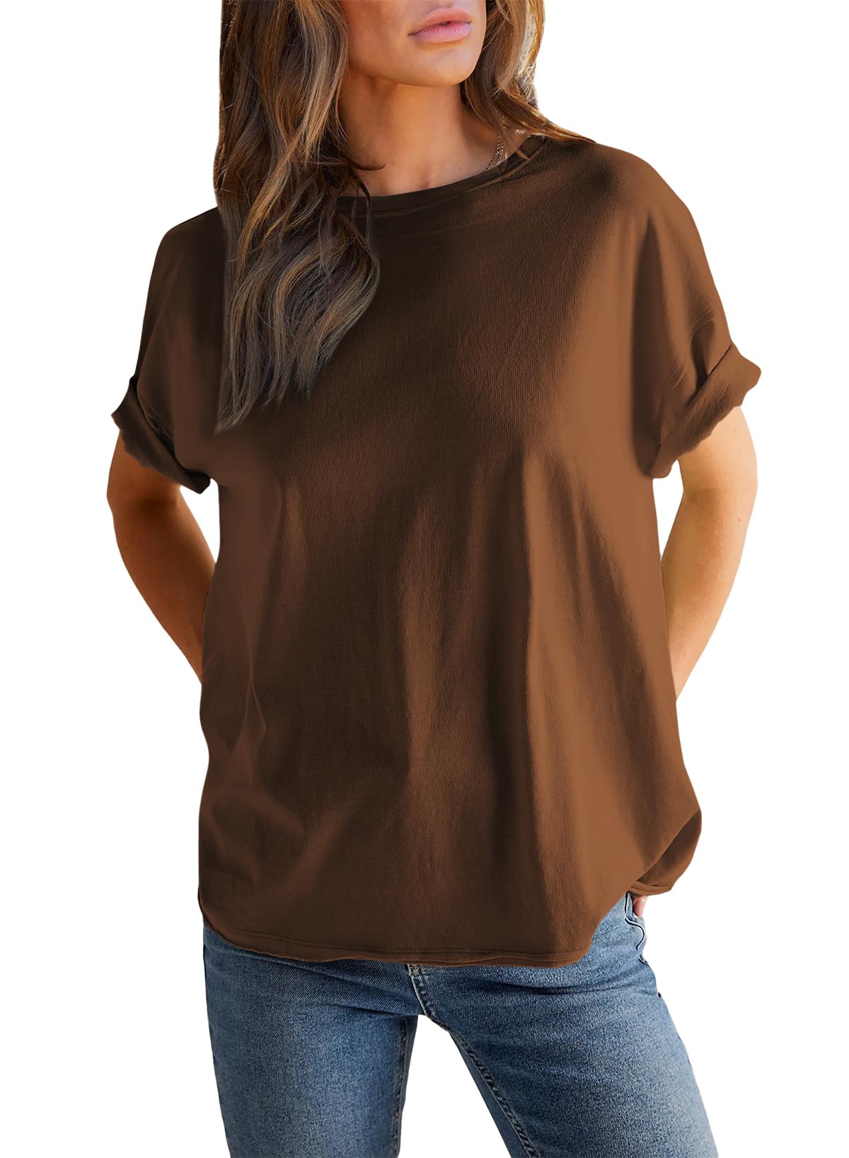 Einfarbiges Damen-Rundhals-Kurzarm-T-Shirt (2 kaufen, kostenloser Versand)