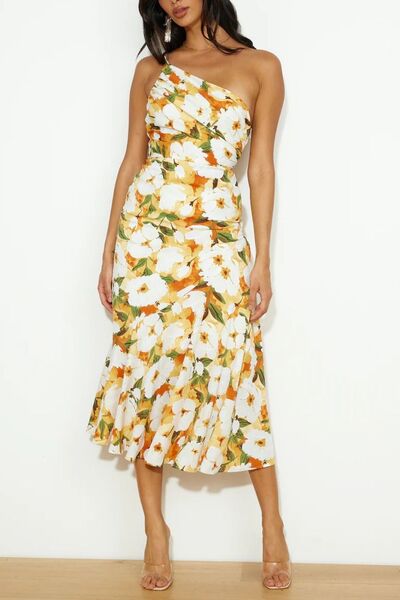 Robe midi asymétrique imprimée froncée
