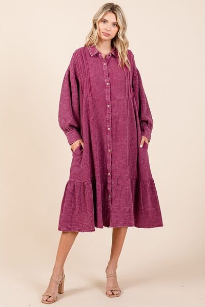 Robe chemise midi en gaze de coton lavée aux minéraux à volants Mittoshop