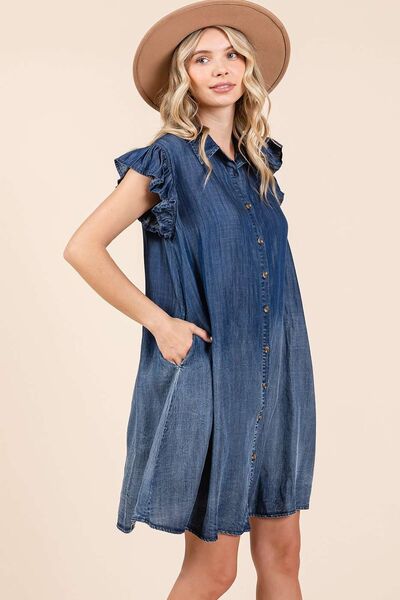 Robe Courte Boutonnée en Chambray Délavé à Volants Mittoshop