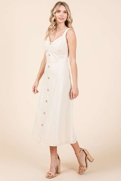 Robe midi sans manches en sergé stretch avec boutons décoratifs Mittoshop