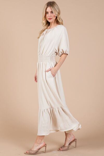 Robe Cintrée à Col Lavallière et Manches Bouffantes Femme