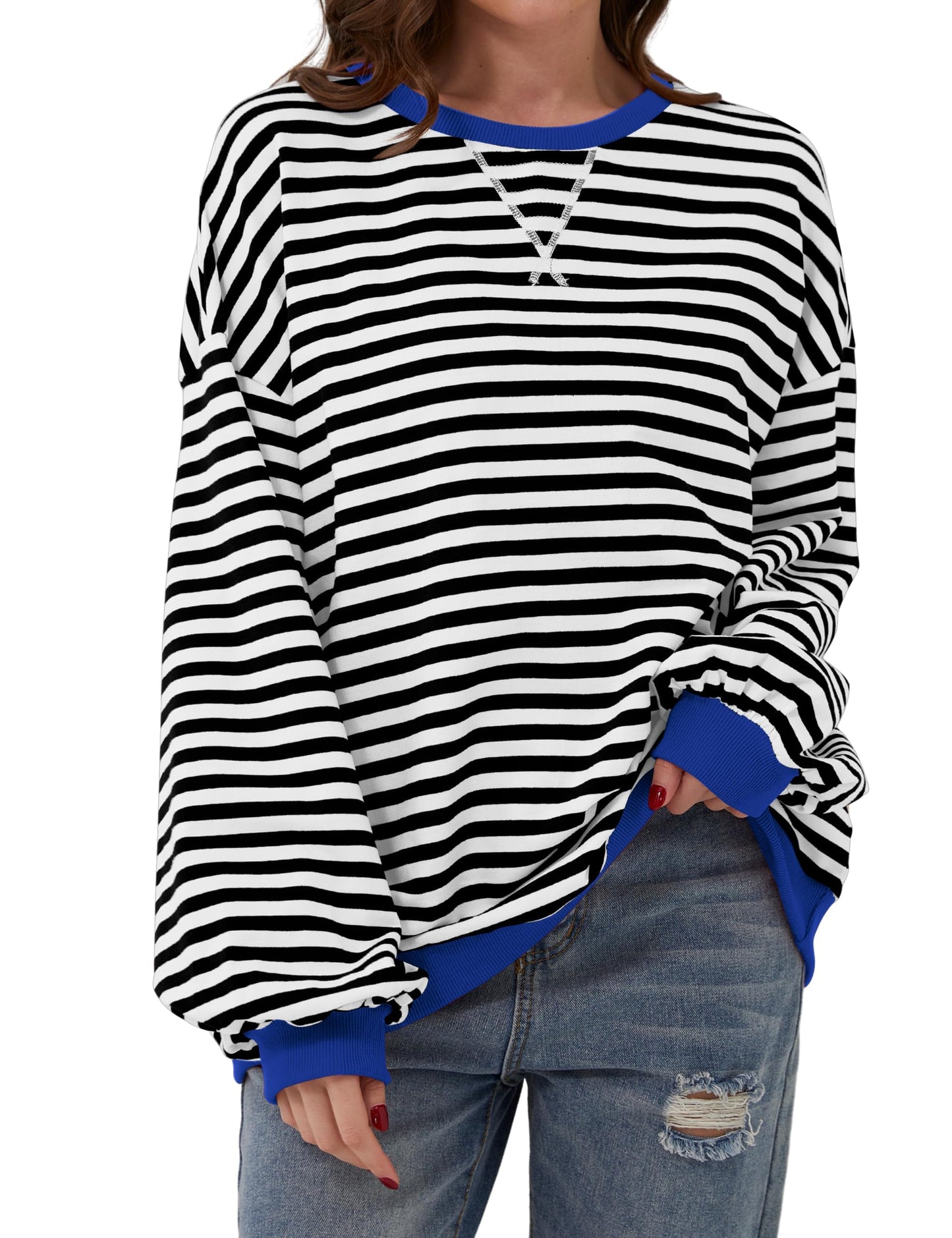 Pull à manches longues rayé oversize pour femme (achetez-en 2, livraison gratuite)